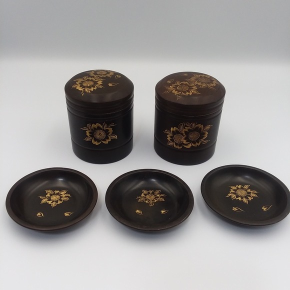 Vintage Maruni Lacquerware Set 2 Canisters 3 Bowls Floral Design Occupied Japan‎ - Picture 1 of 15